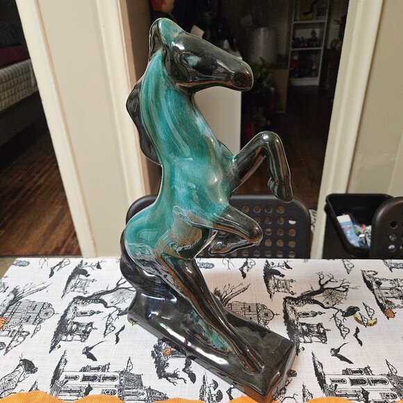 Vintage Blue Mountain Pottery Rearing Green / Black Terra Cotta Horse 14" MCM - Picture 3 of 13